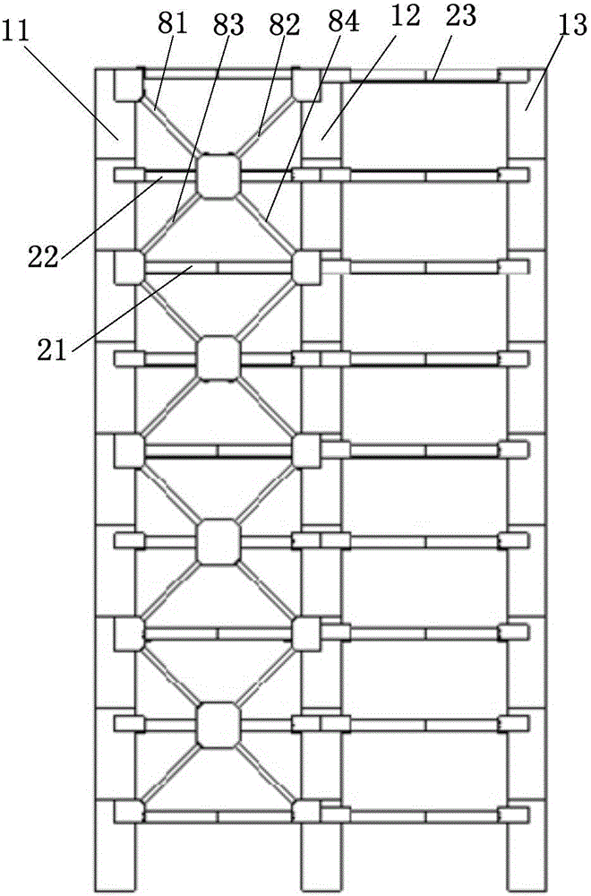Multi-cavity concrete filled steel tube combination column supporting frame system installed in supported and inserted mode