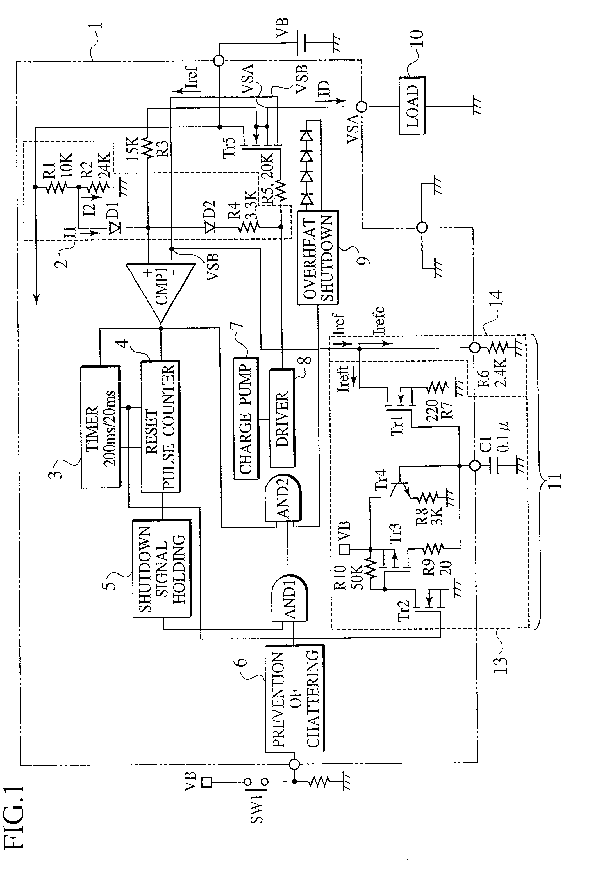 Semiconductor switching device with function for vibrating current, thereby shutting down over-current