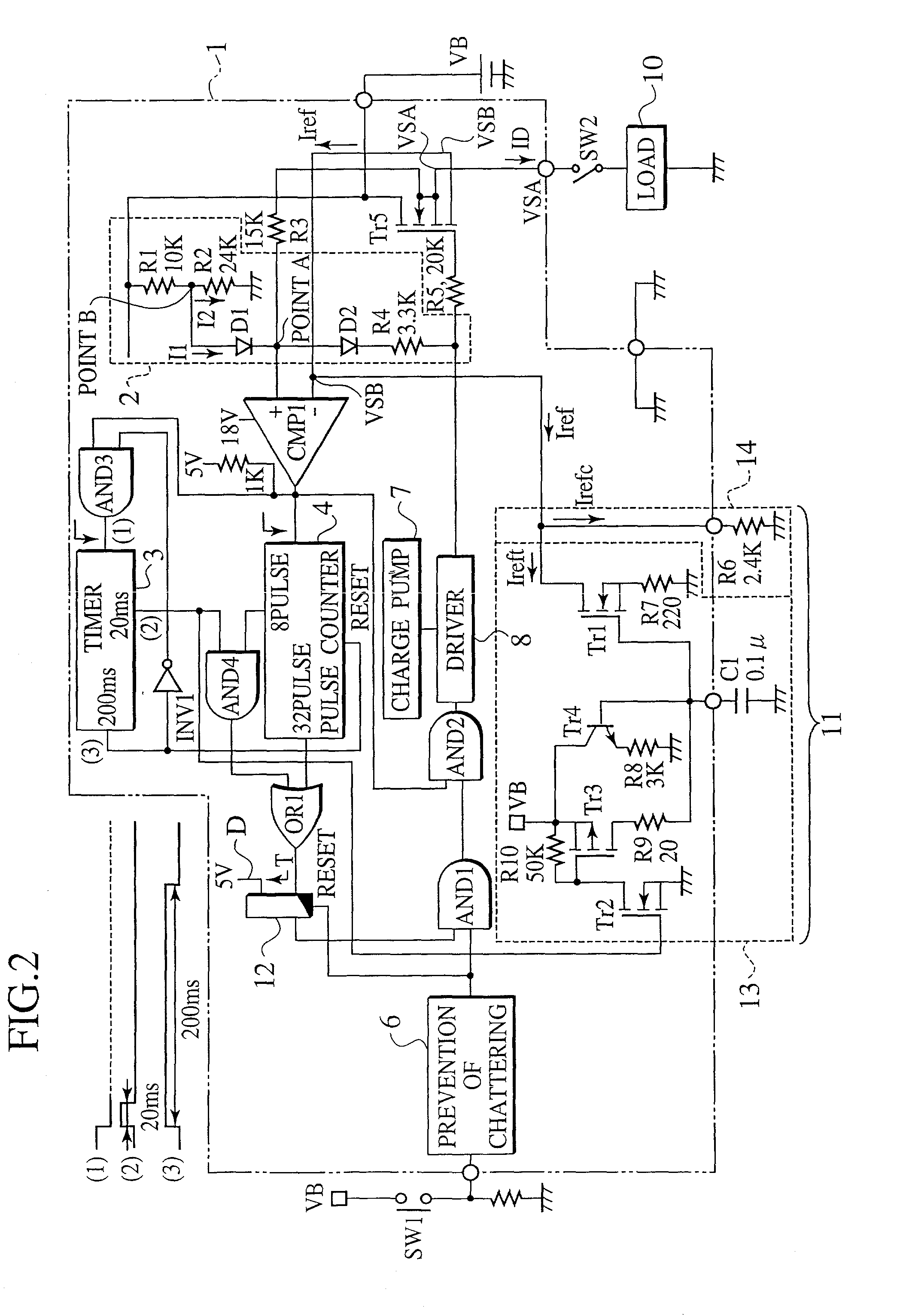 Semiconductor switching device with function for vibrating current, thereby shutting down over-current
