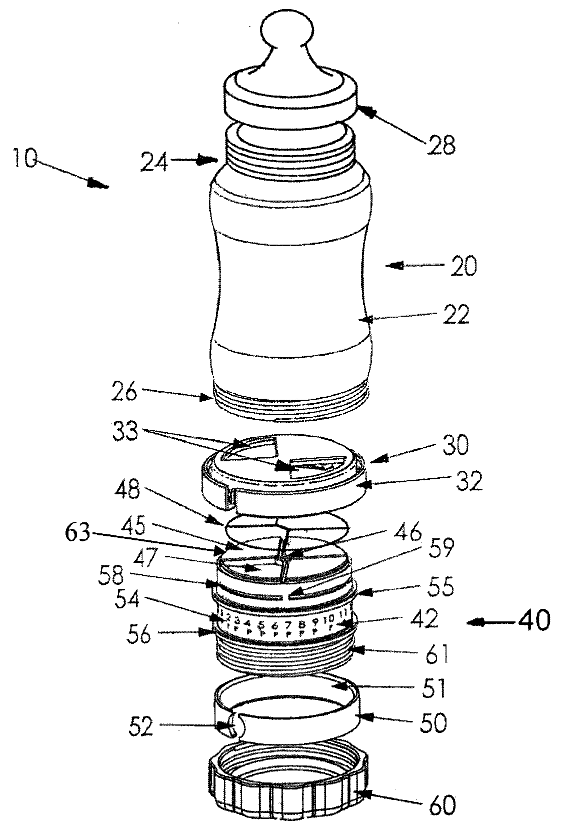 Stacked-container reusable bottle, system and method providing flexible use and mixing