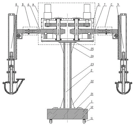 Double-swing arm position-adjustable melt extraction-injection and receiving-injection machine