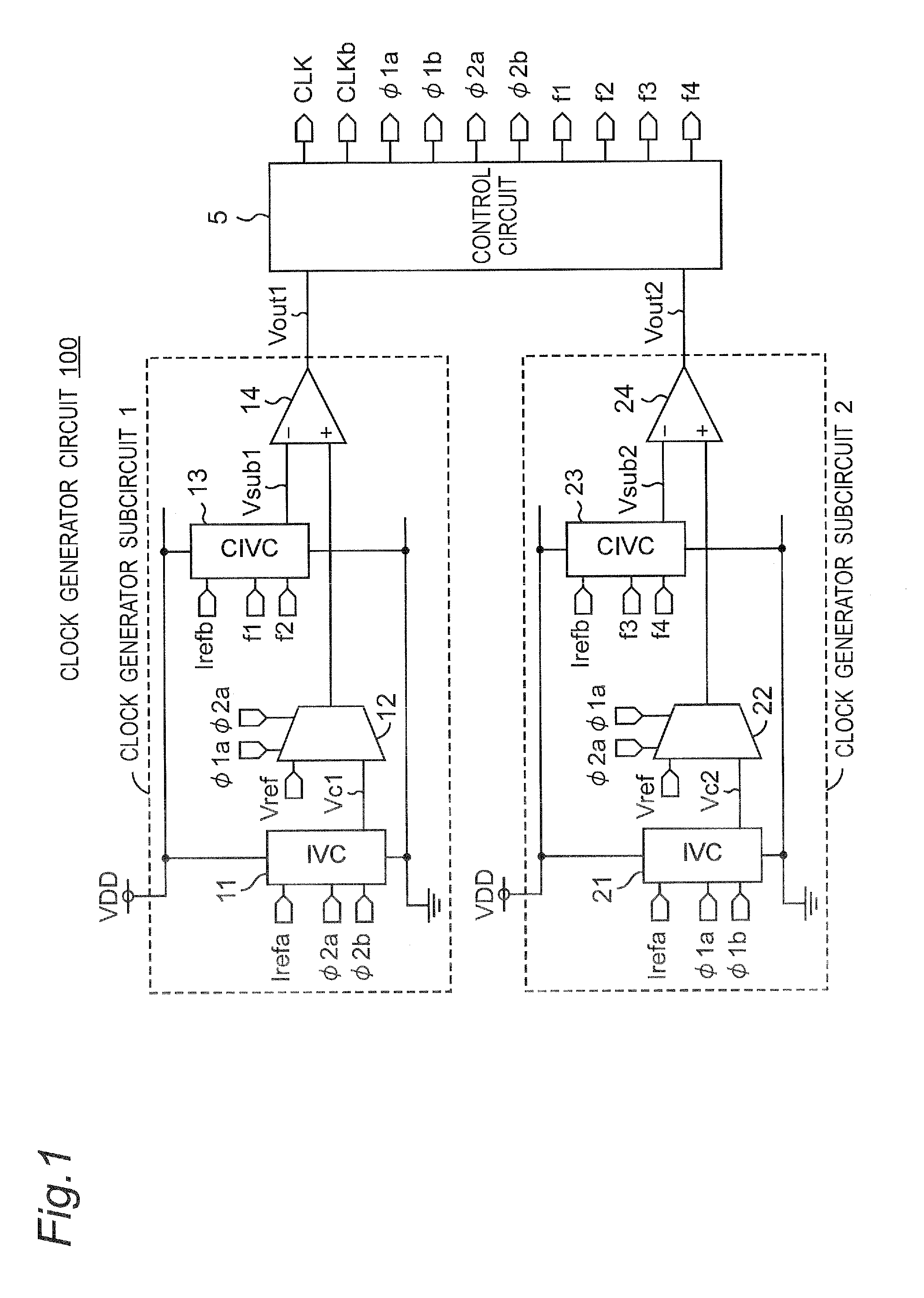 Relaxation oscillator circuit including two clock generator subcircuits having same configuration operating alternately
