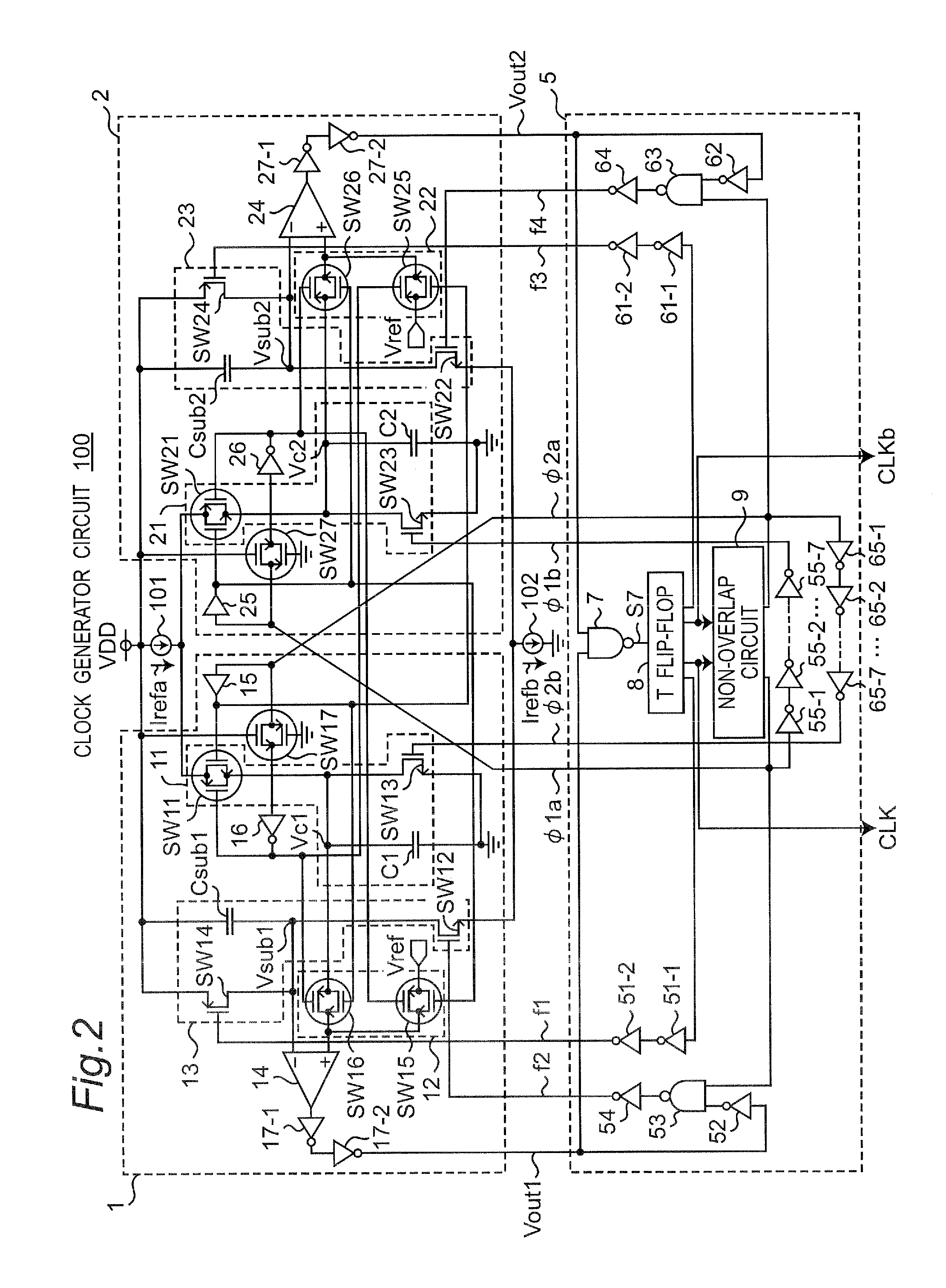 Relaxation oscillator circuit including two clock generator subcircuits having same configuration operating alternately