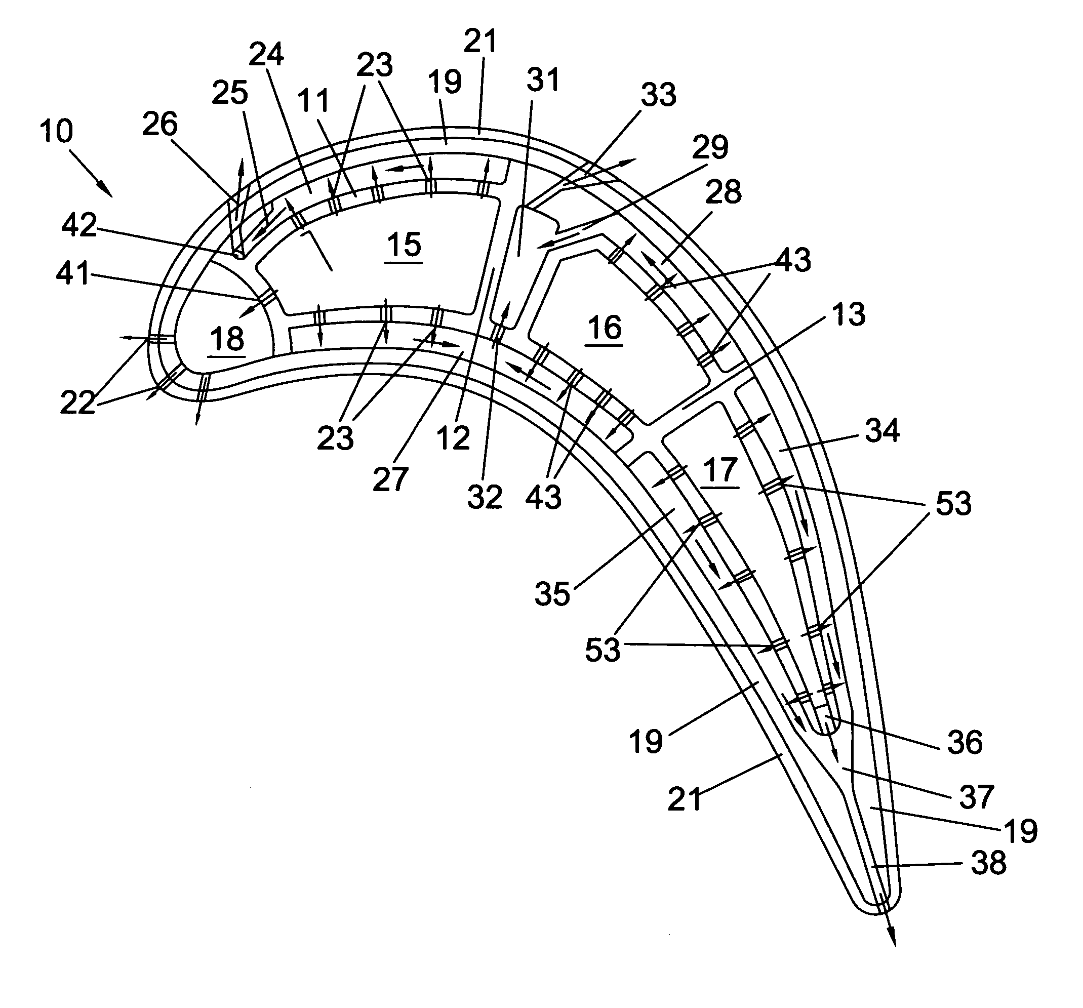 Turbine airfoil with multiple near wall compartment cooling