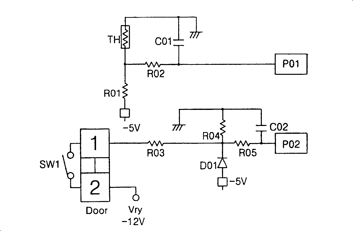 Temperature and door induction circuit for microwave oven