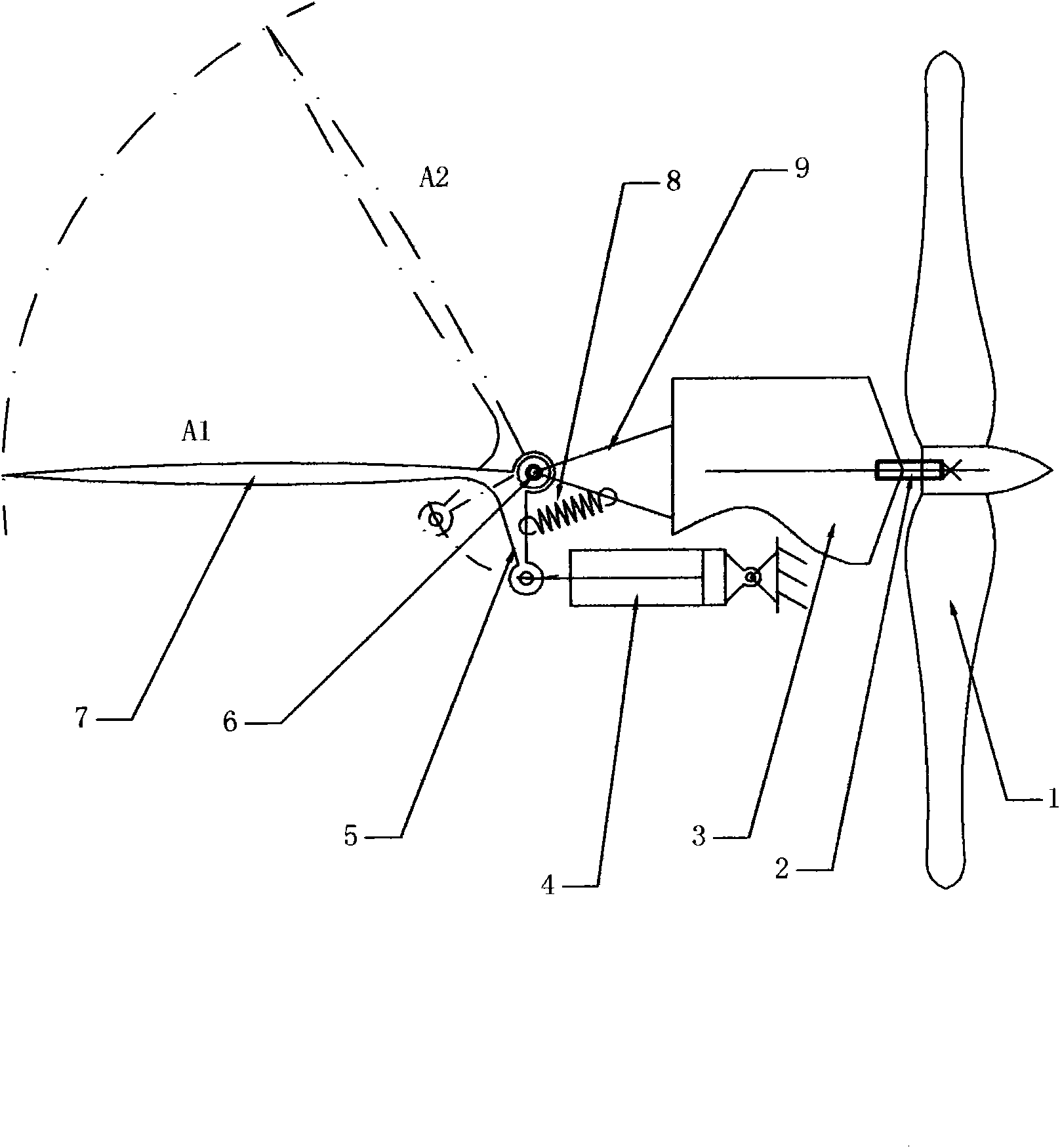 Wind turbine with air cylinder capable of pushing tail rudder automatically