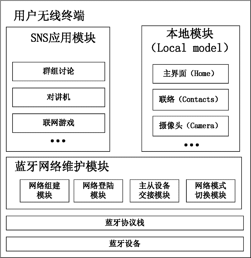 Wireless terminal, short-range SNS (social networking services) system and implementation method based on Bluetooth technology