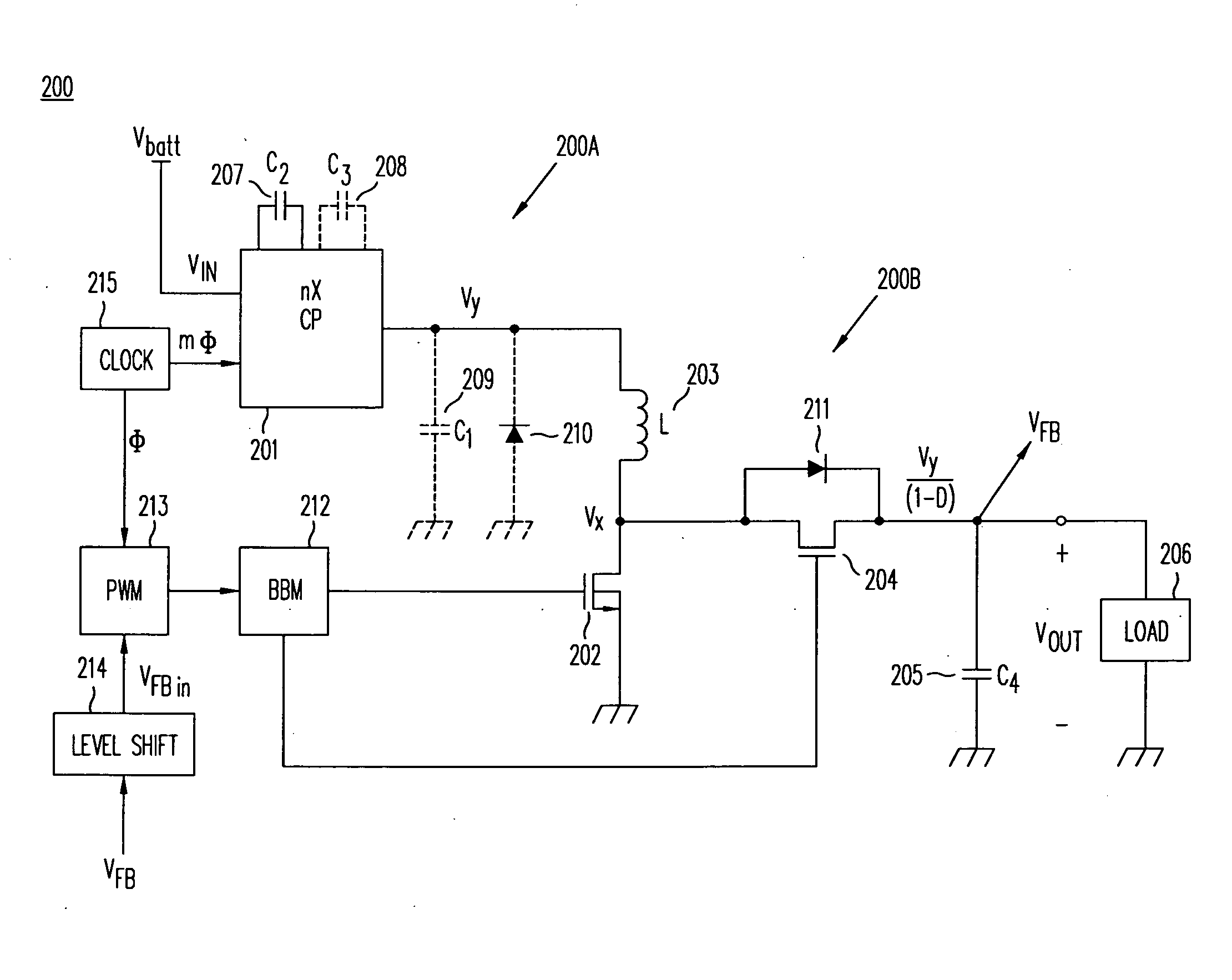 High-efficiency DC/DC voltage converter including capacitive switching pre-converter and up inductive switching post-regulator
