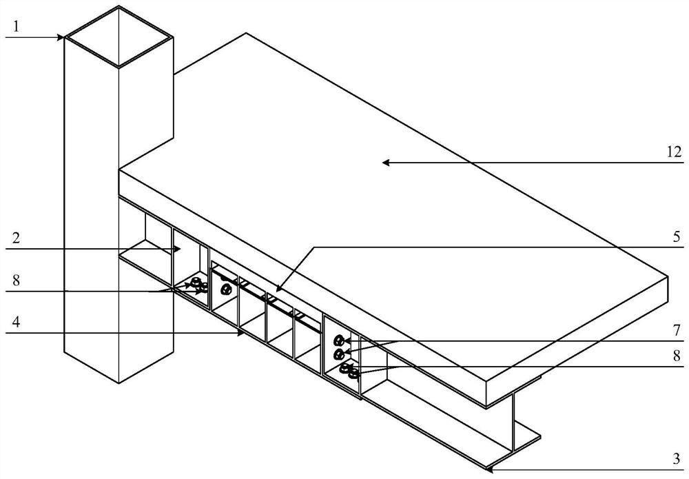Floor slab, bidirectional stiffening rigid part and flange plate overhanging web shear type replaceable energy-consuming beam section laminated connection combined joint
