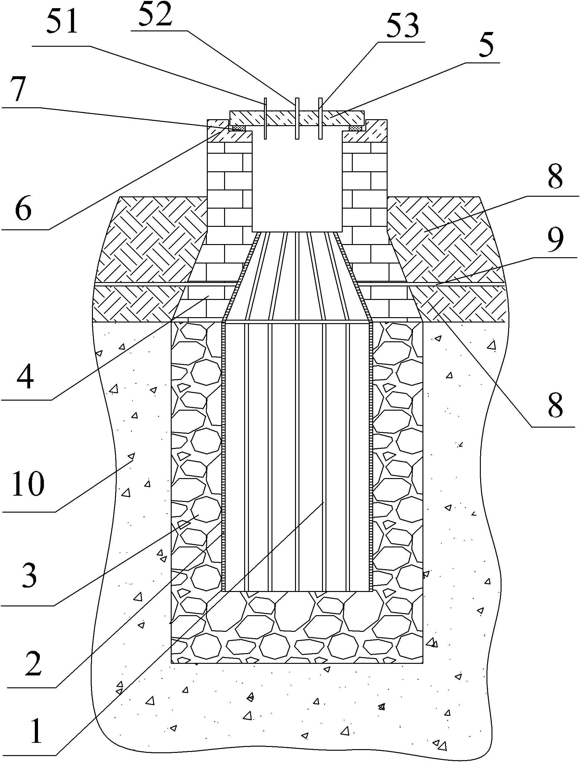 Large-sized material storage yard gas guide and discharge well and well cementing construction method