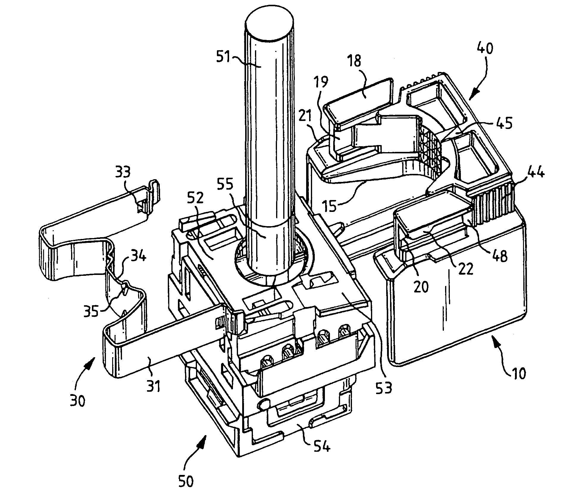 Strain-relief device for a plug-in connection in communications and data systems