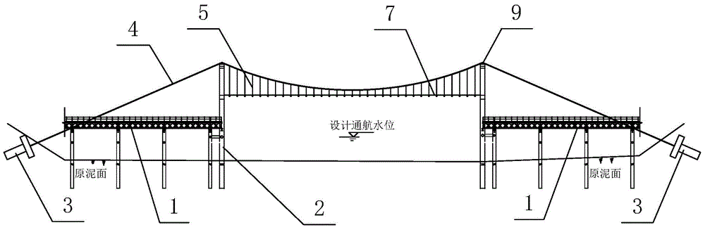 Suspension trestle on water that can be used for pumping concrete and its construction method and application