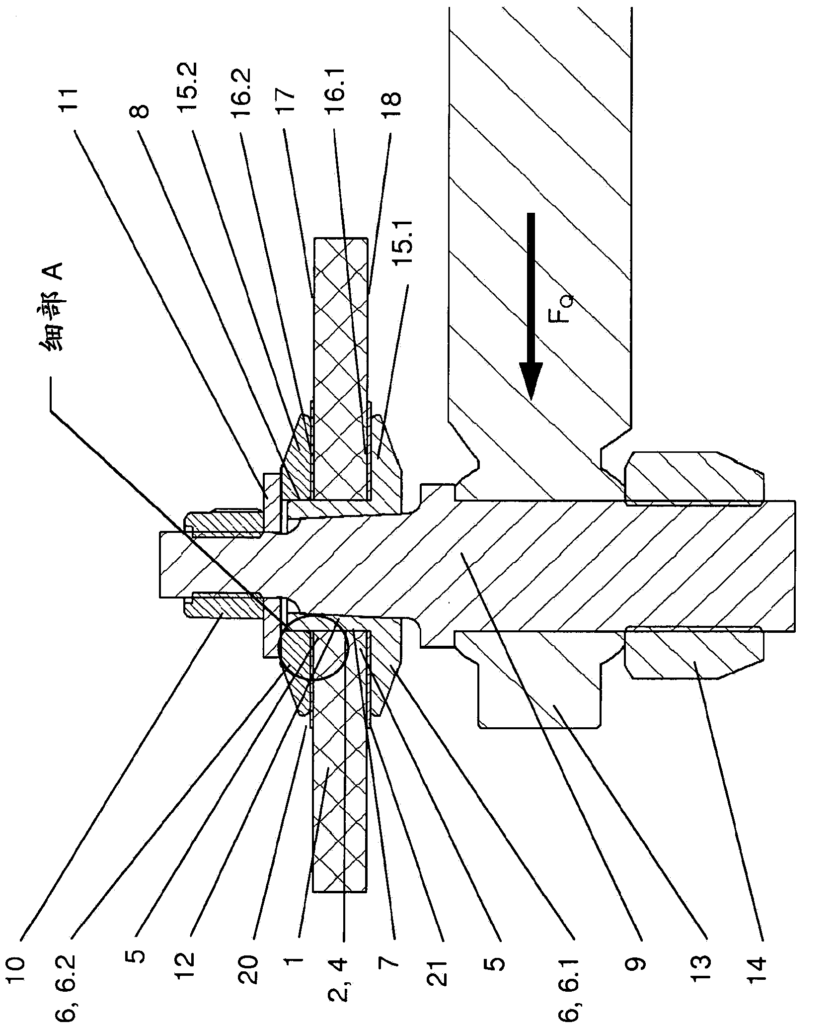 Device for introducing force into a component of fibre composite material