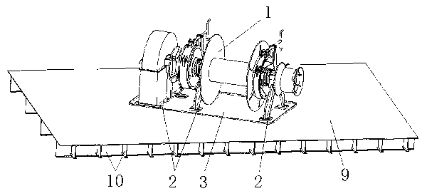 Integrated machine base module of shipborne anchor machine and mounting method of integrated machine base module