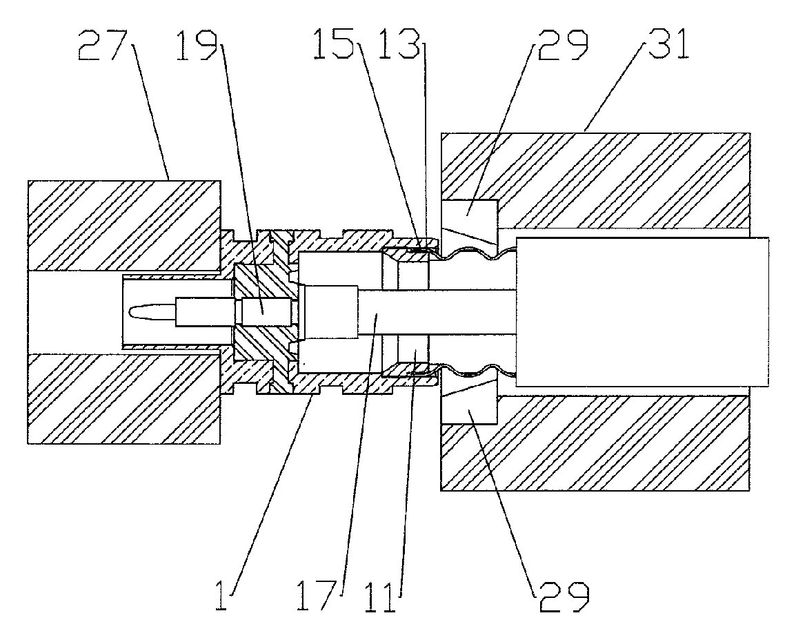 Connector with outer conductor axial compression connection and method of manufacture
