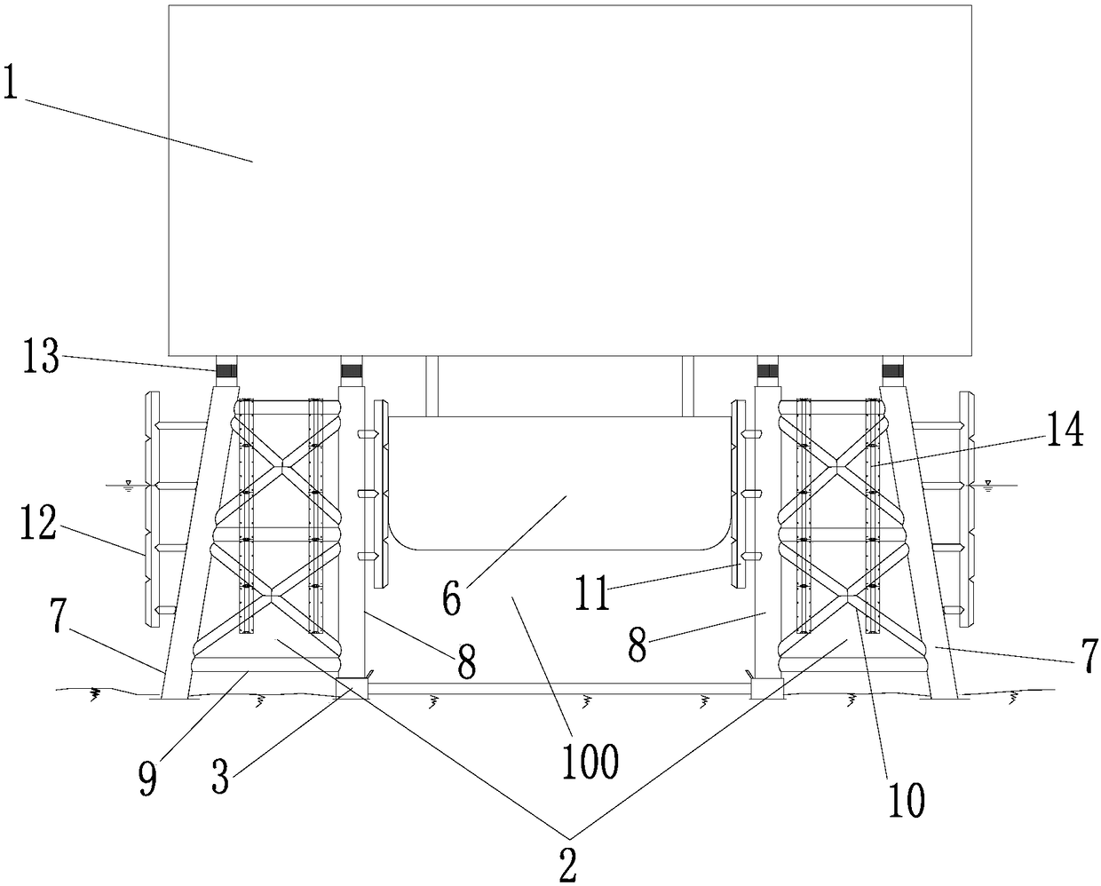 Large offshore platform split-type conduit frame structure suitable for shallow-water marine float-over mounting, and mounting method thereof