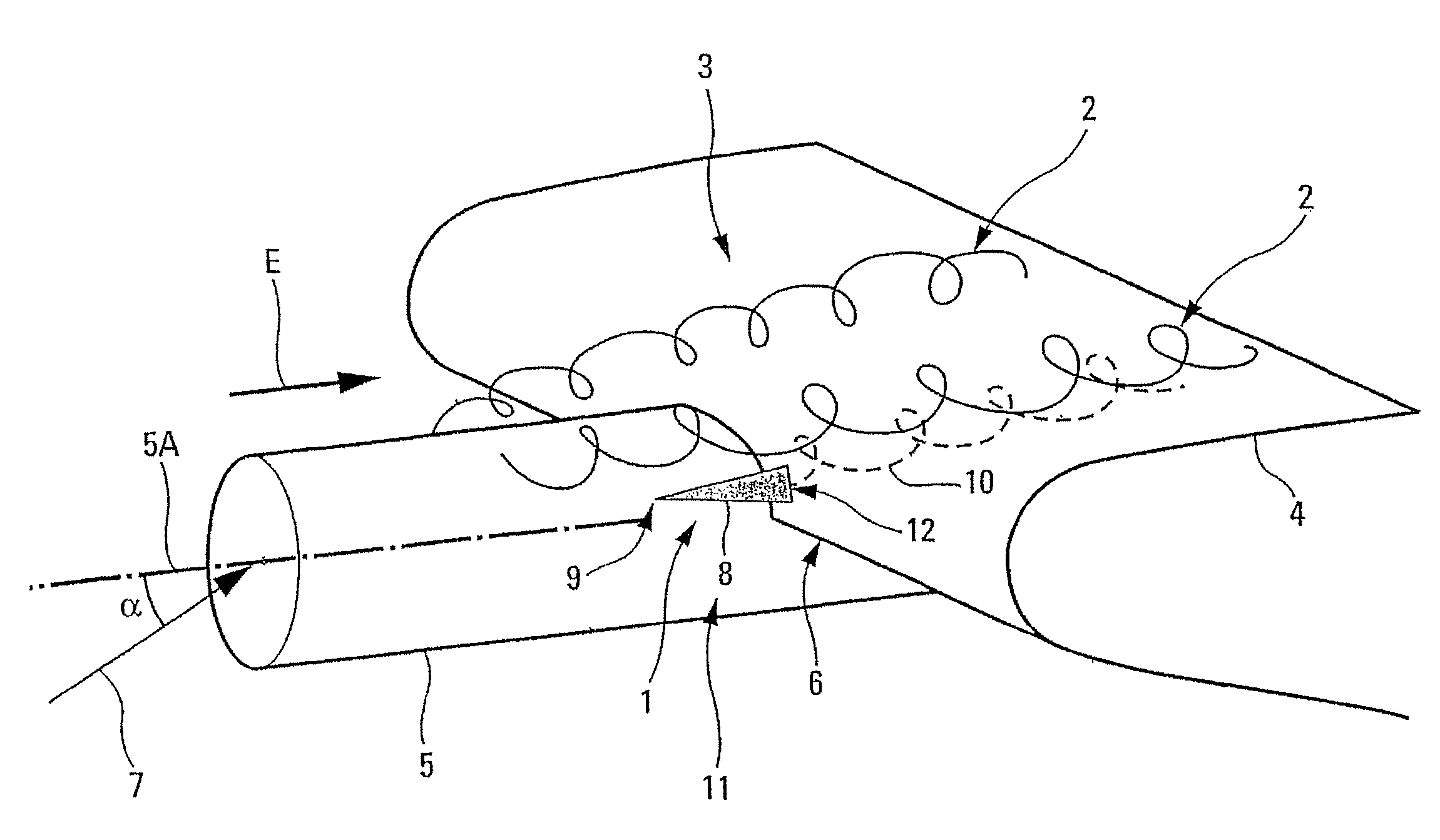 Device for controlling a vortex trail generated by the oblong element of an aircraft bearing surface