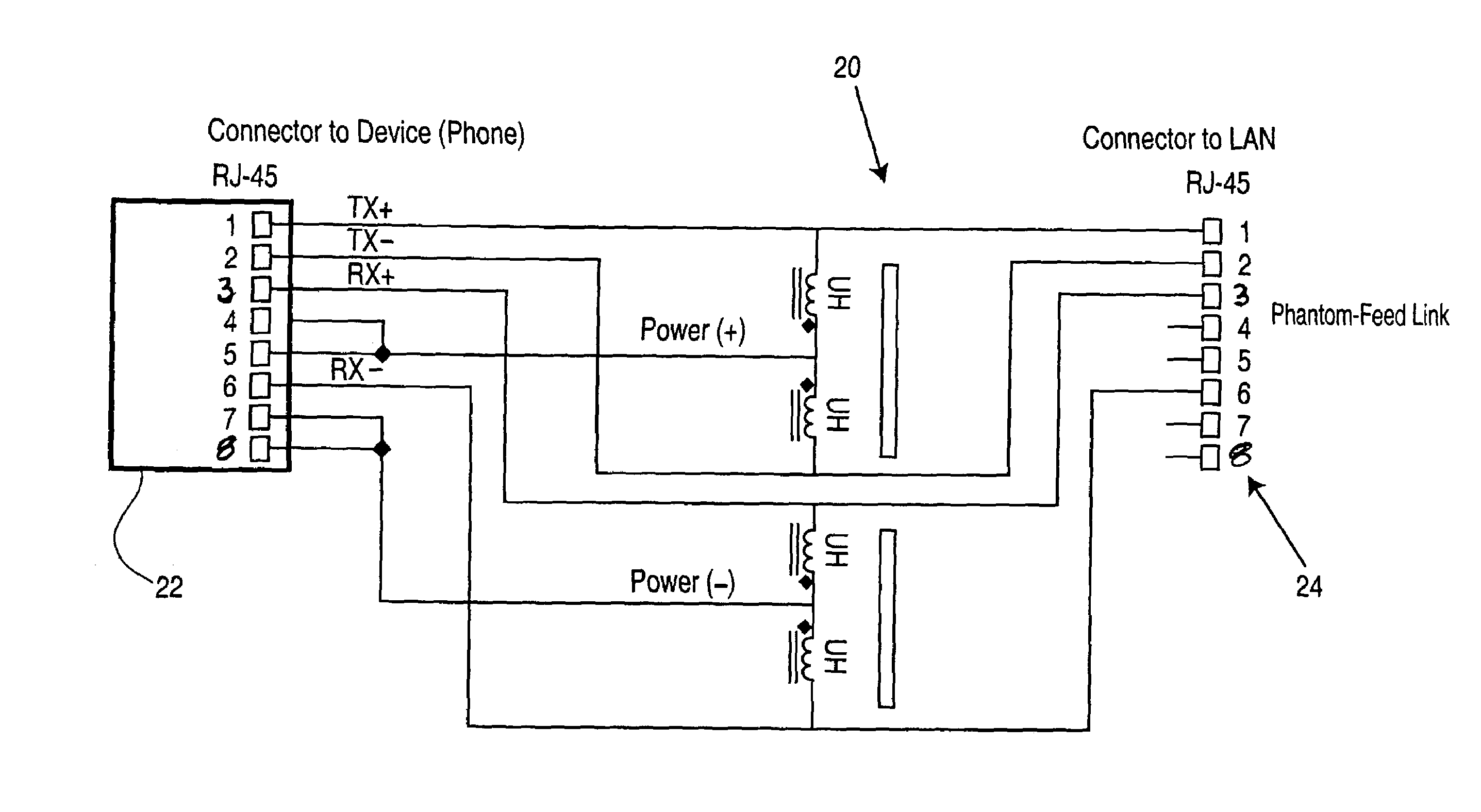 Power supply for phantom-feed LAN connected device using spare-pair powering