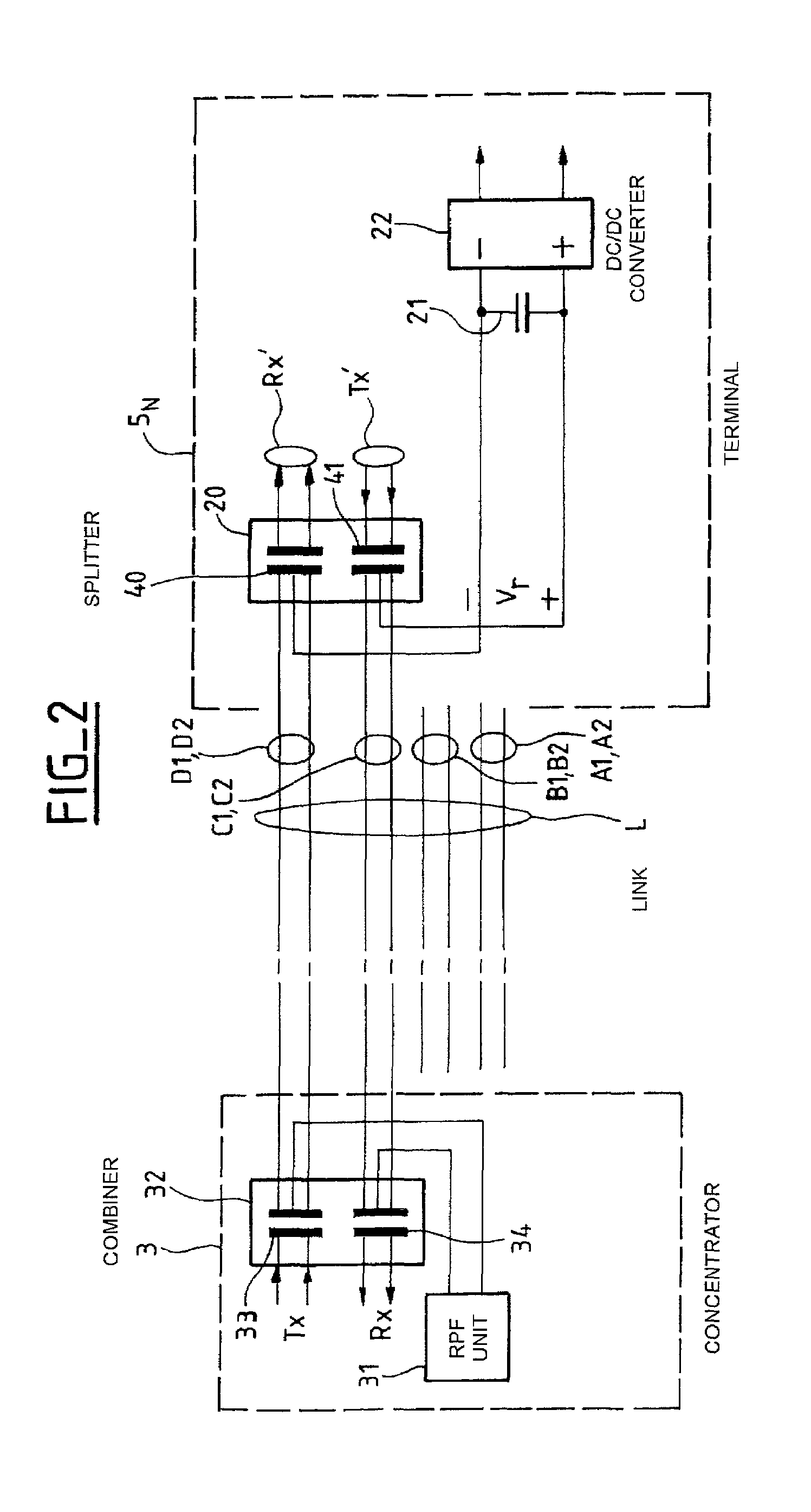 Device for remote power feeding a terminal in a telecommunication network, and a concentrator and a repreater including the device