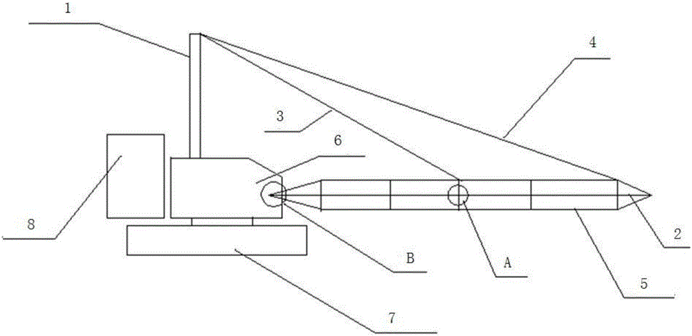 Method and device for measuring downward deflection of middle section of crane jib online in real time