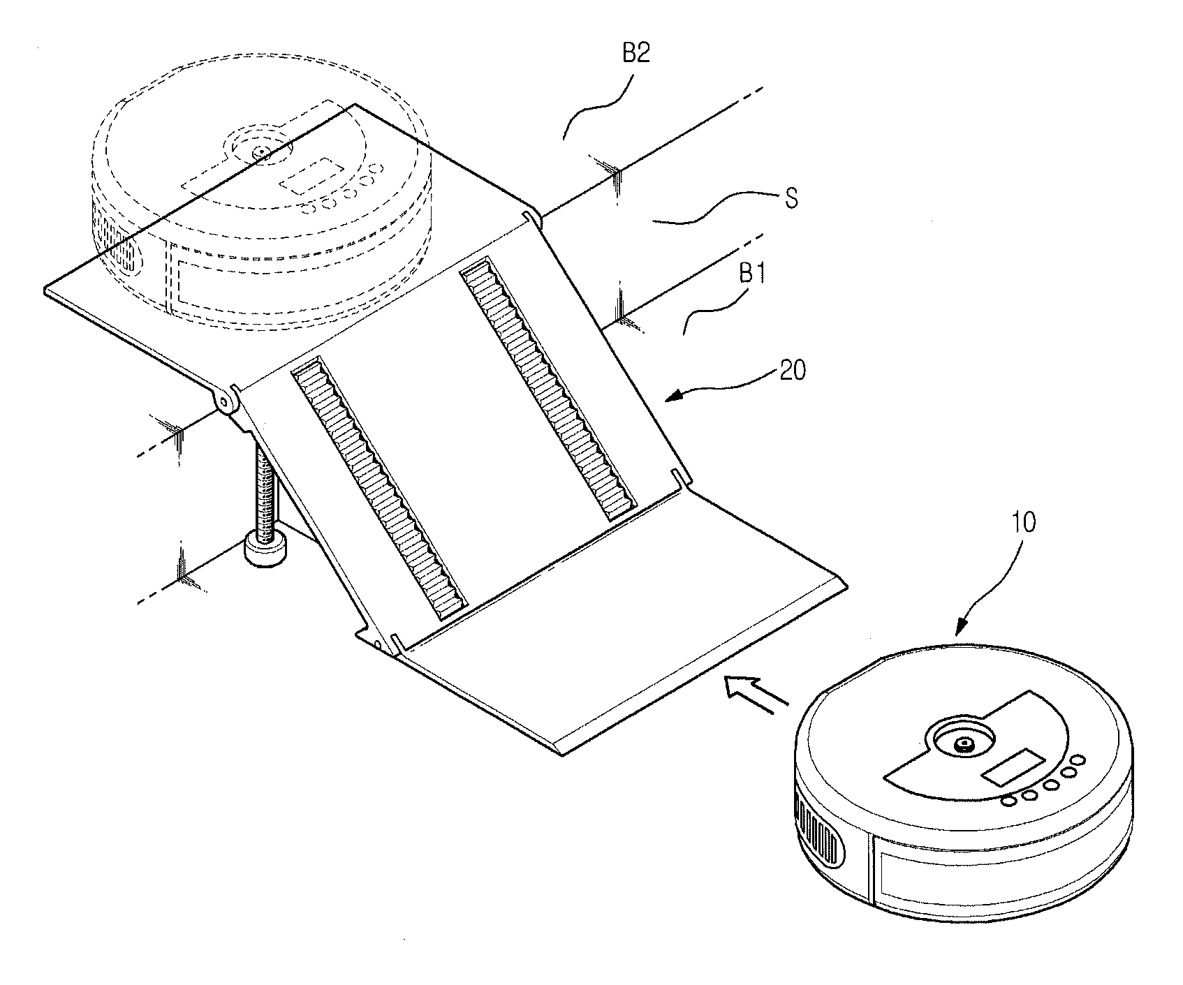 Step climbing device for moving robots, step climbing system for moving robots and step climbing method of moving robot