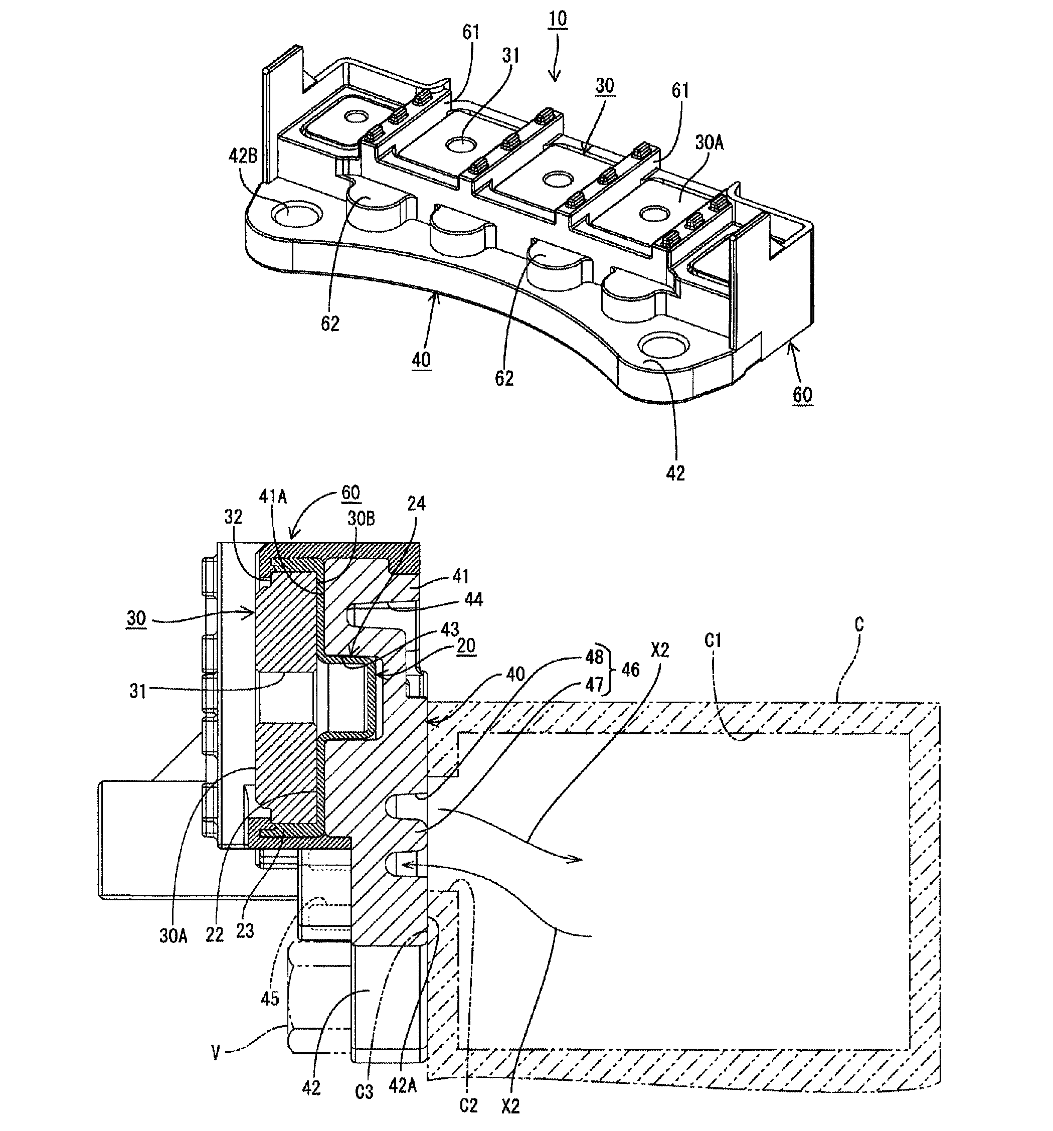 Terminal block with integral heat sink and motor provided therewith
