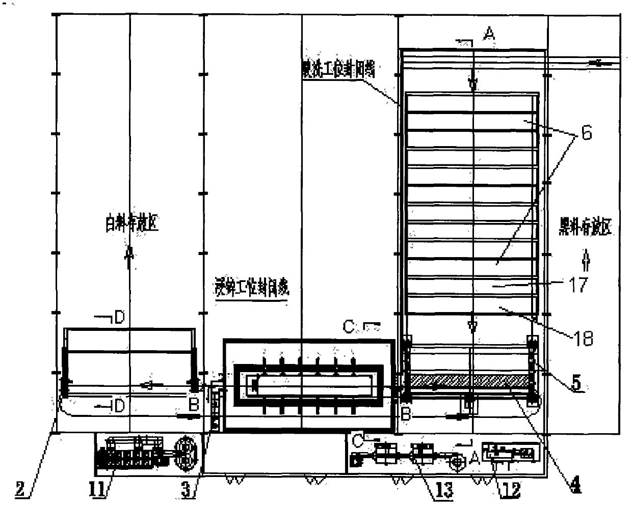 L-shaped full-closed environment-friendly hot galvanizing production equipment and method