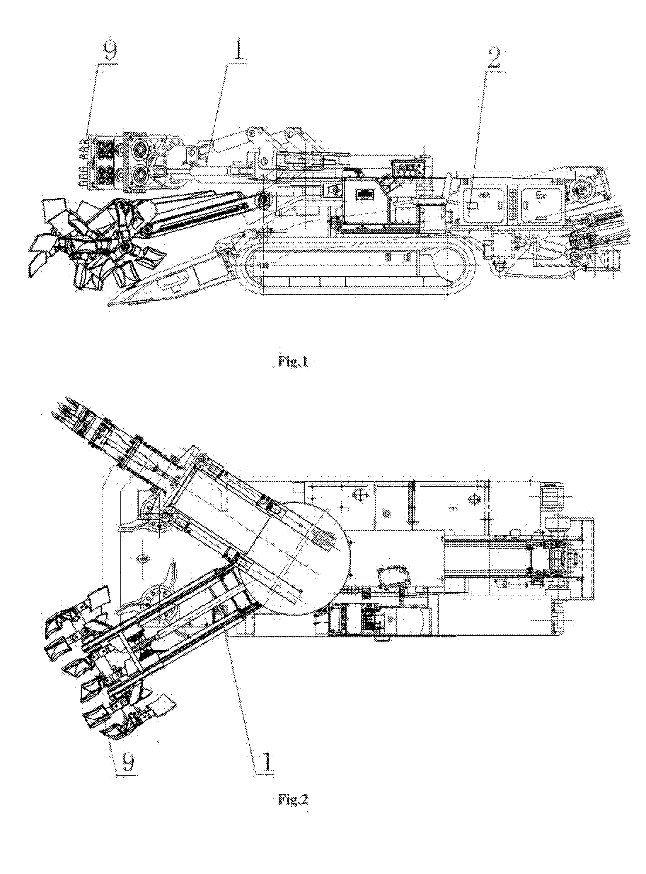 Method for arranging rolling-friction stretching and retraction based rolling stroke sections of a rocker arm in parallel, and an excavator or loader comprising a rocker arm having rolling stroke sections arranged in parallel