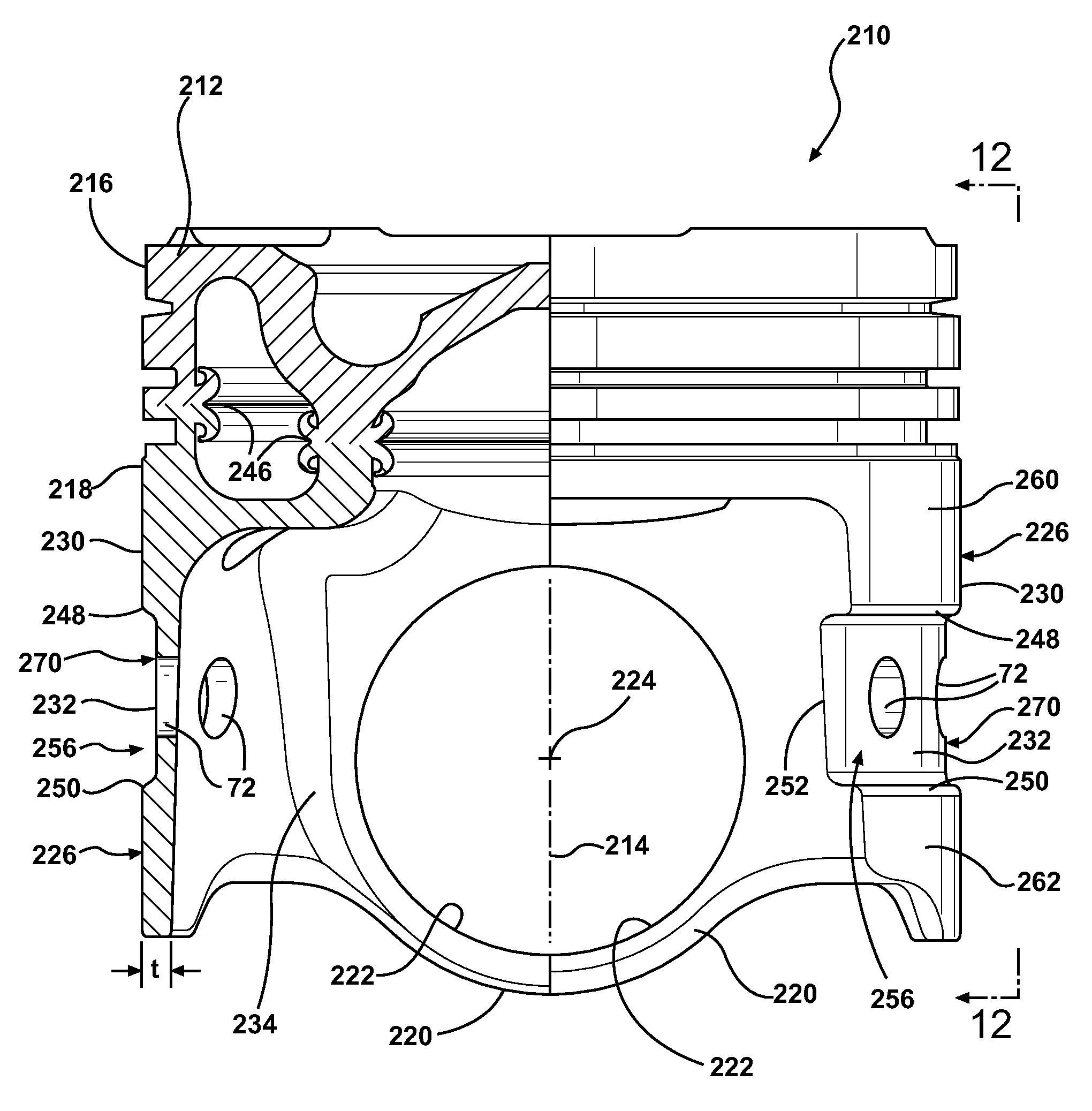 Piston with a skirt having oil flow slots and method of construction thereof