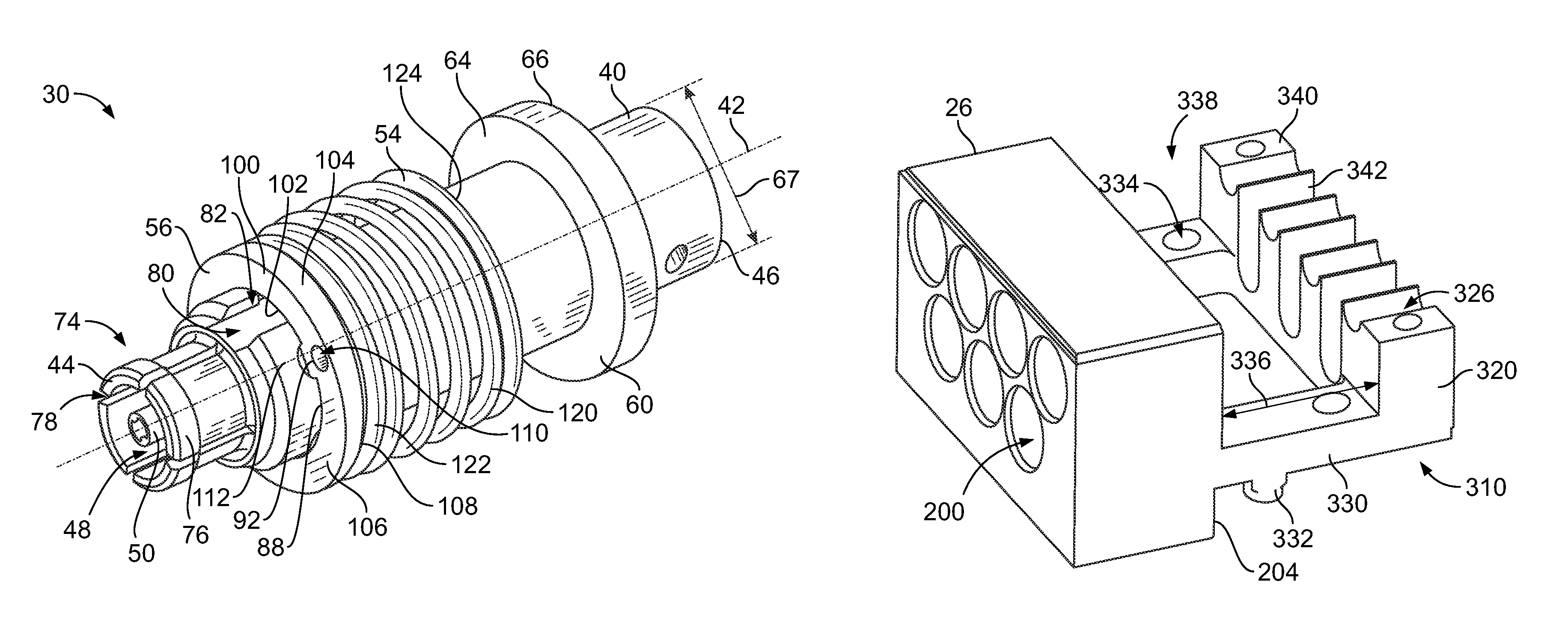 RF module with a housing with spring loaded connectors and a strain relief extending rearward of the housing