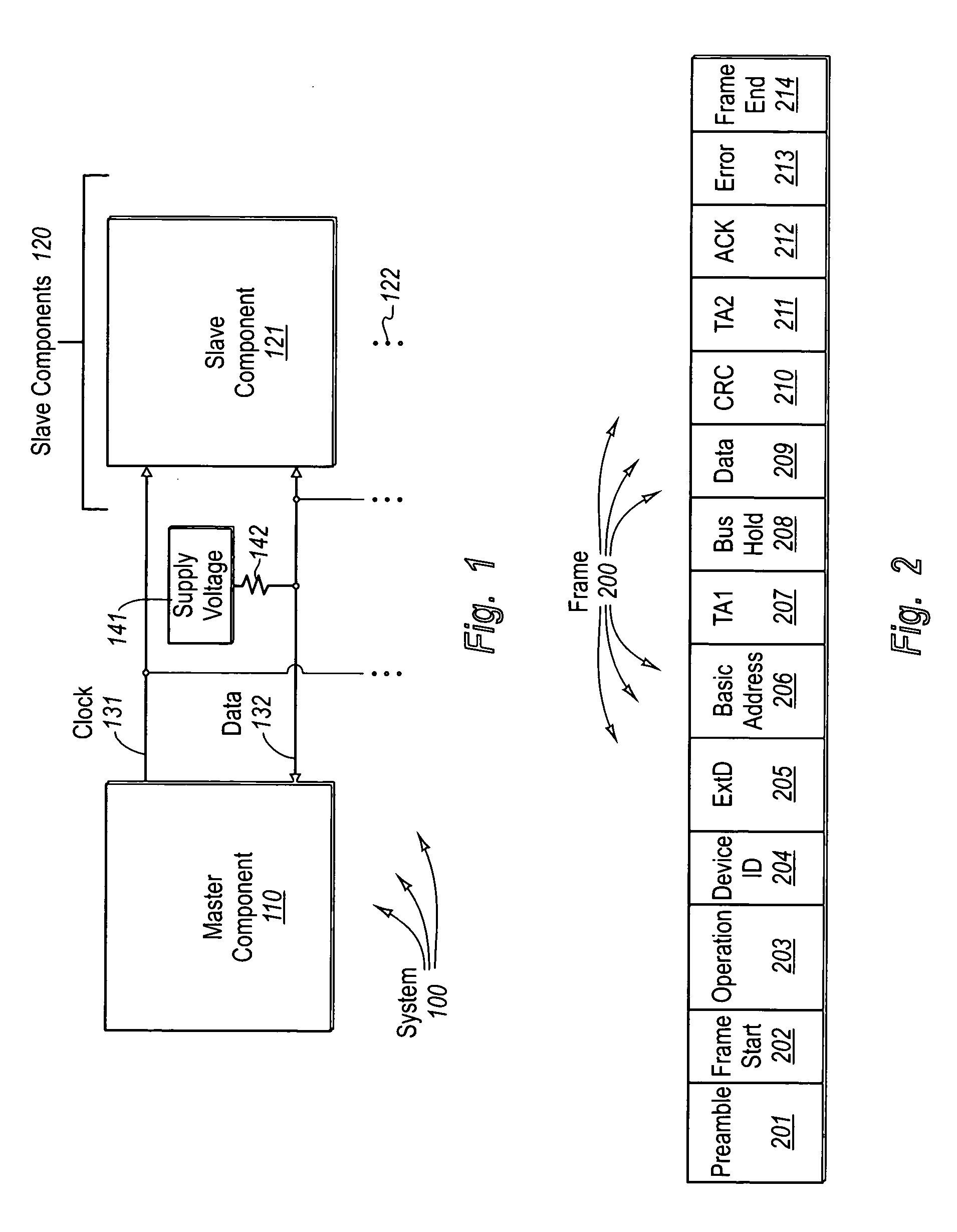 Two-wire interface having dynamically adjustable data fields depending on operation code
