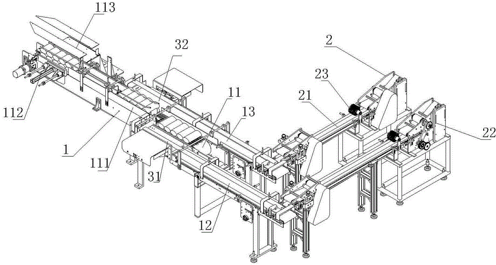 Material arranging and conveying device of flat roll packaging machine