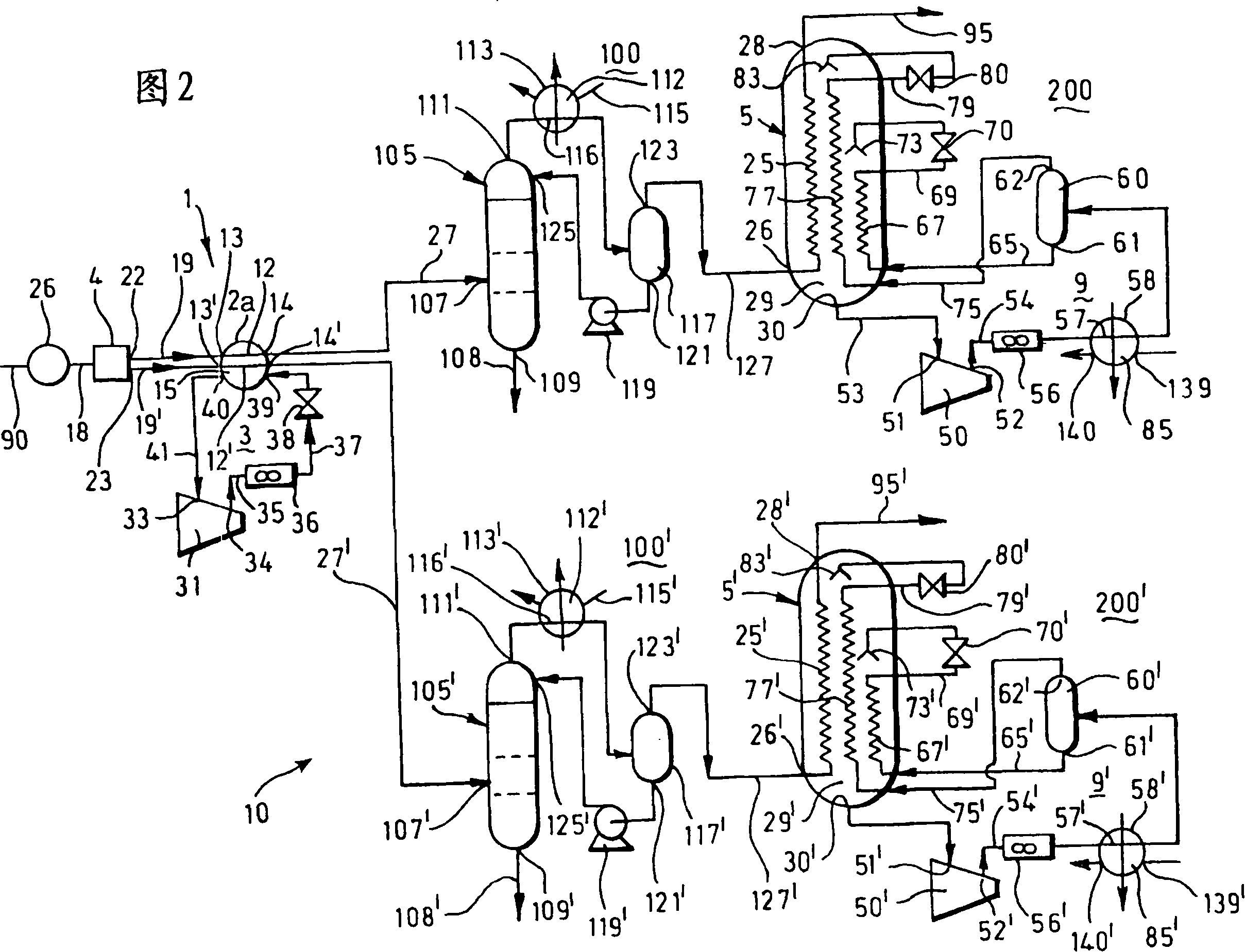 Plant and method for liquefying natural gas