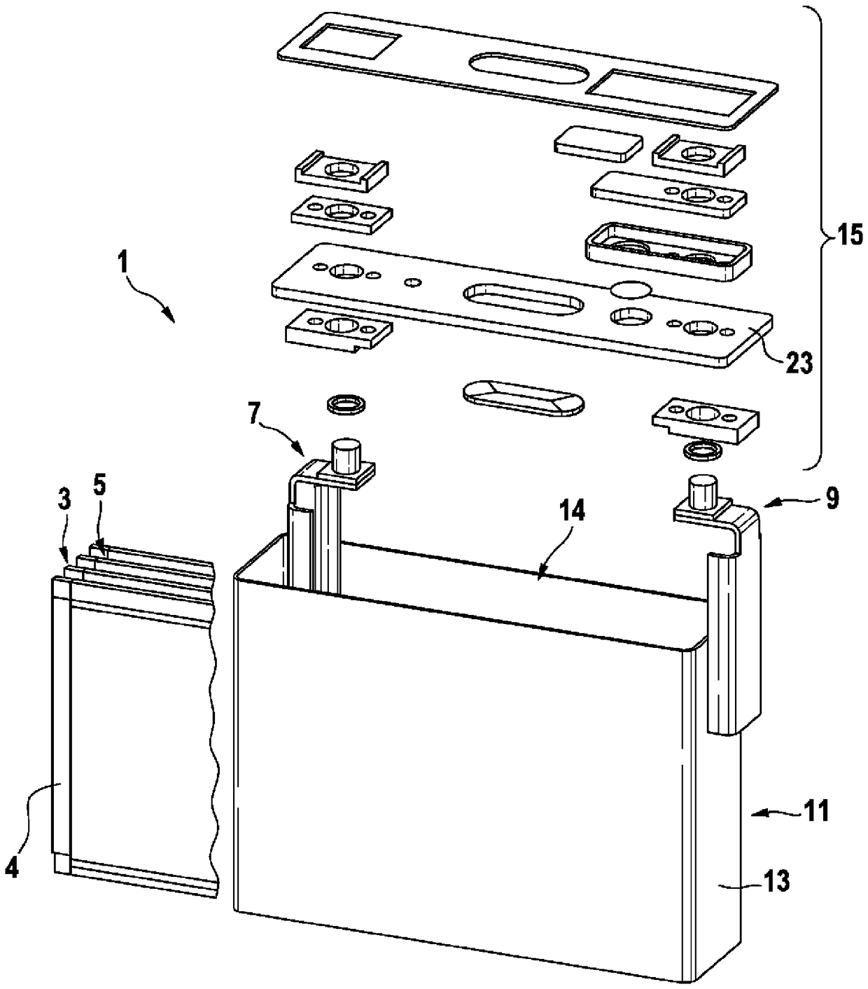 Battery unit with cover fixed in housing by gluing