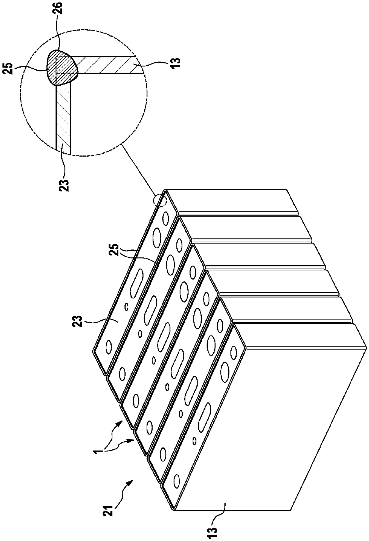 Battery unit with cover fixed in housing by gluing