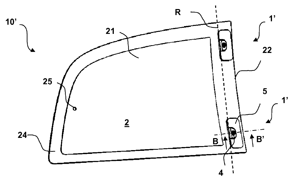 Device for attaching glazing that can be opened by turning, glazing and method of manufacturing the glazing