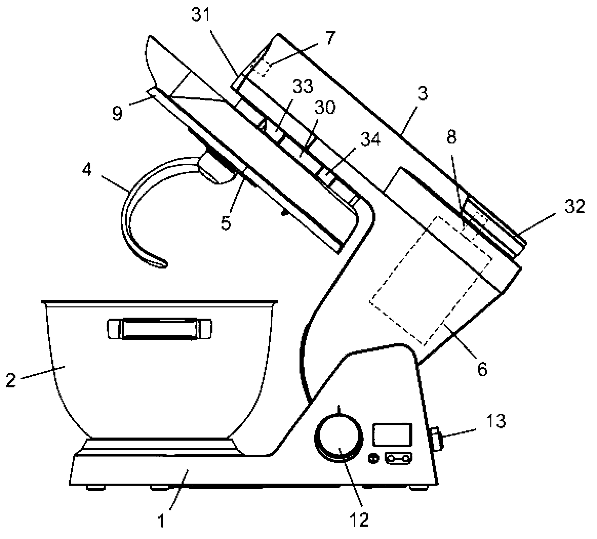 Electric household food processor comprising a base supporting a bowl and an arm solidly connected to the base