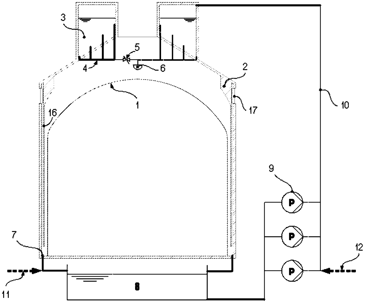 A passive containment cooling system for maintaining dynamic circulation of cooling water