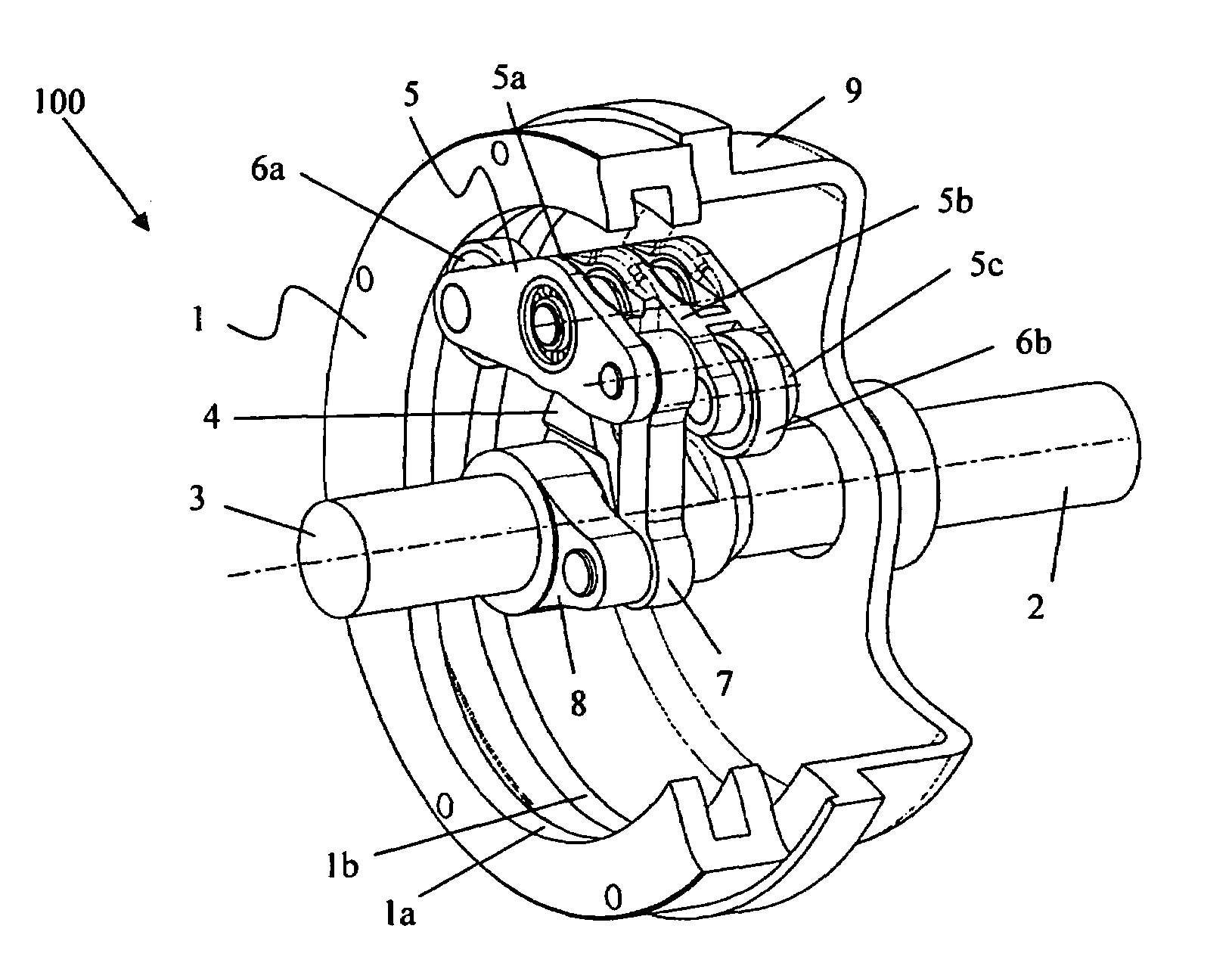 Device for modulating a first rotational motion of an input shaft to a second, different from the first, rotational motion of an output shaft in textile machines