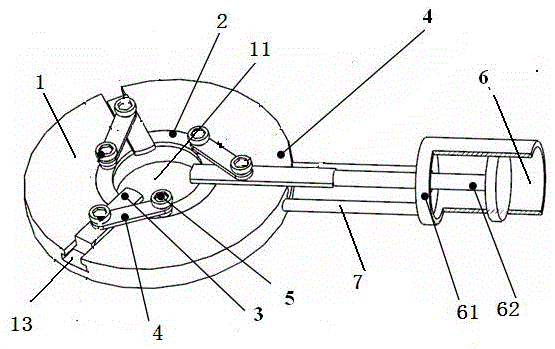 A three-jaw manipulator composed of three sets of crank-slider mechanisms