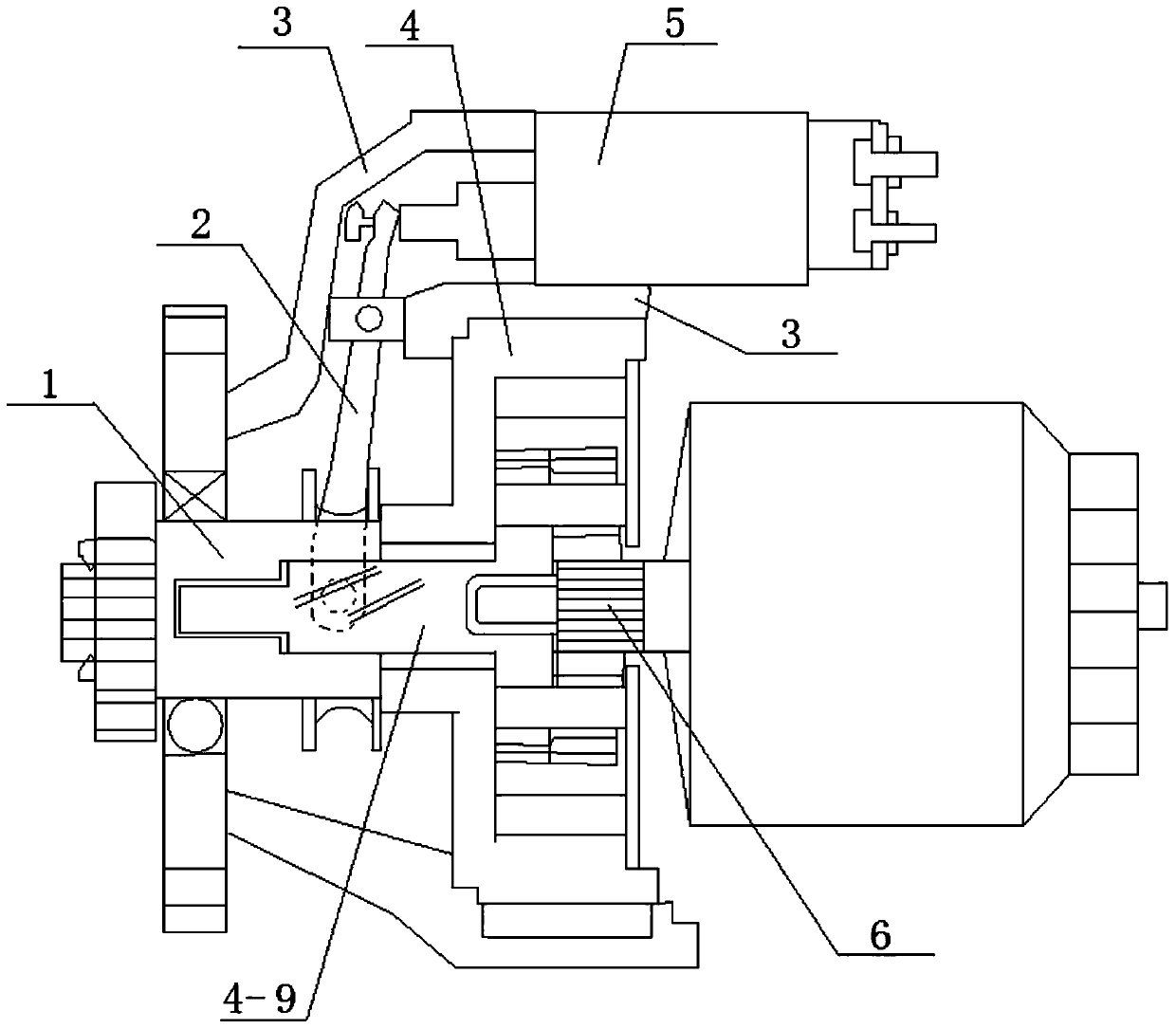 A compact internal combustion engine starter with external electromagnetic switch