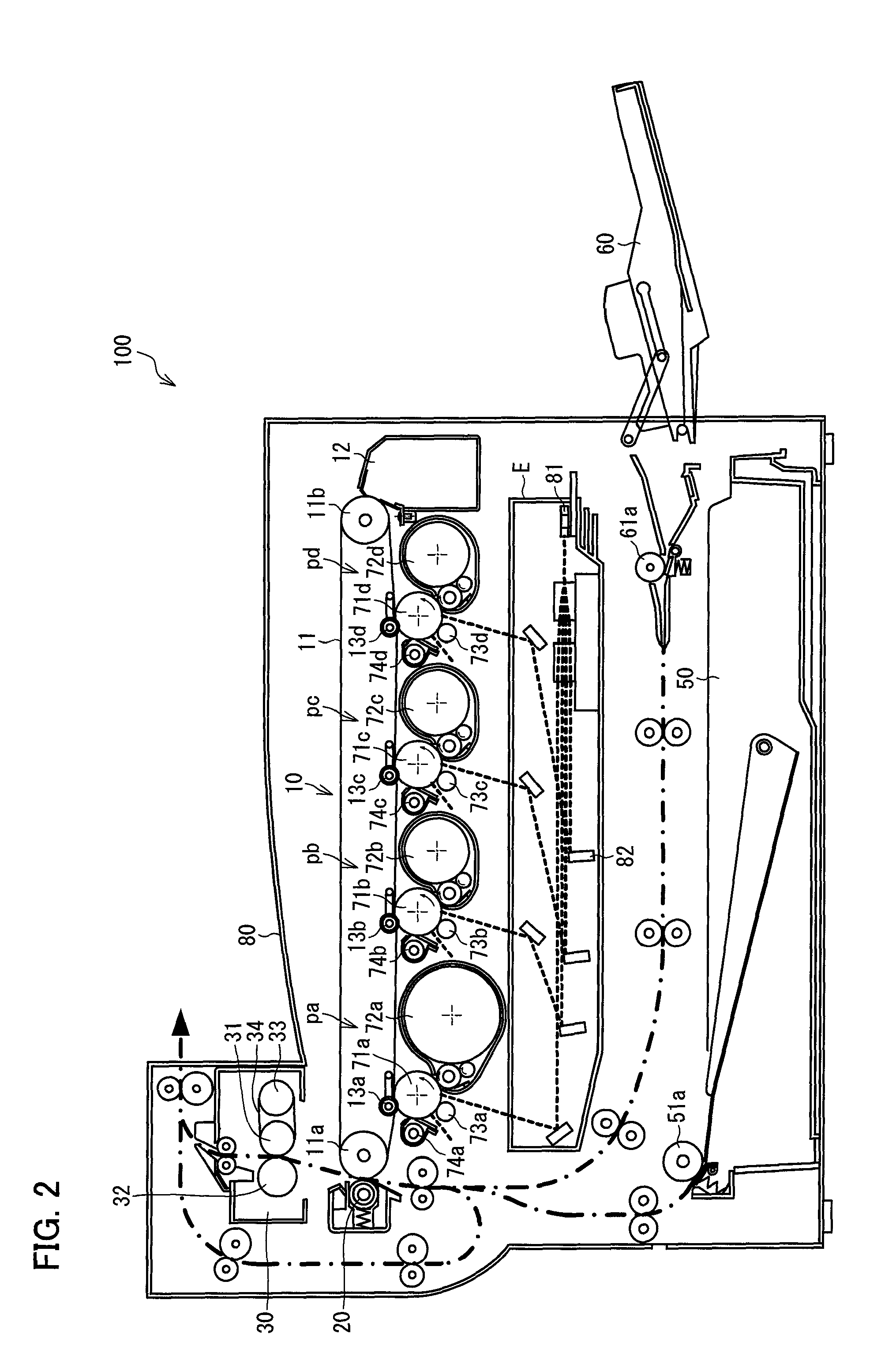 Fixing device having an endless fixing belt and two-position disjunction mechanism