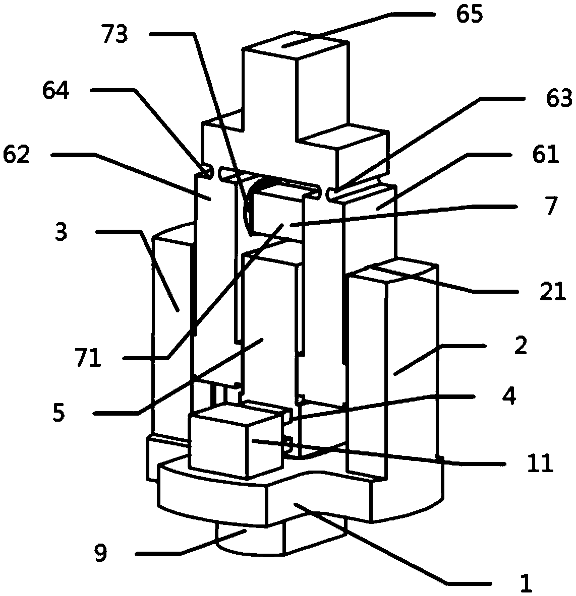 Stepping actuator device driven by two piezoelectric ceramics and comprising E-type rail, and method