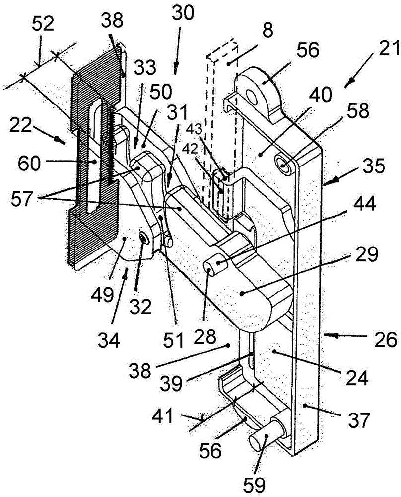 Fitting of an at least liftable, but preferably also displaceable wing of windows or doors