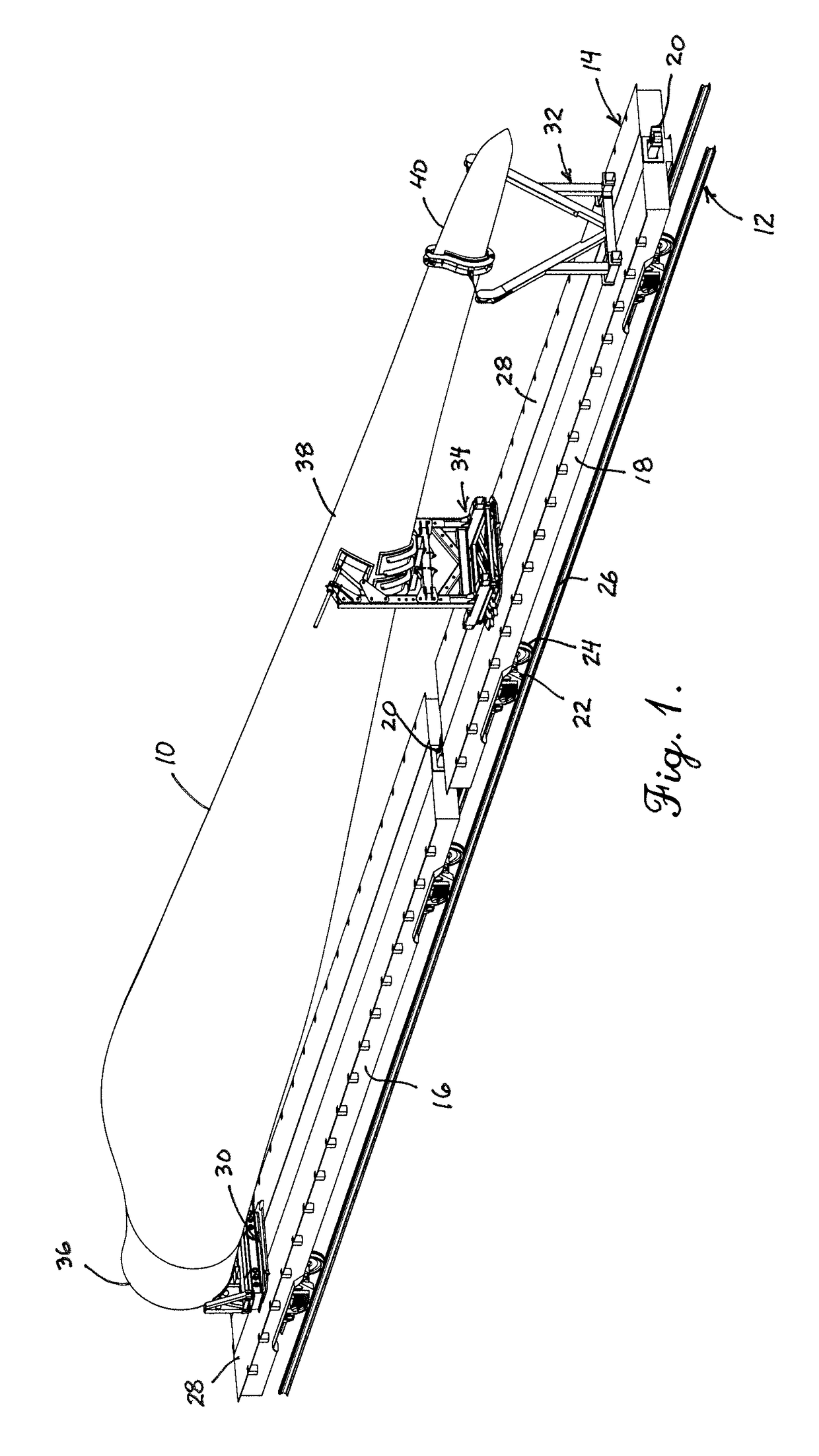 Railcar fixtures for transportation of wind turbine blades and method involving same
