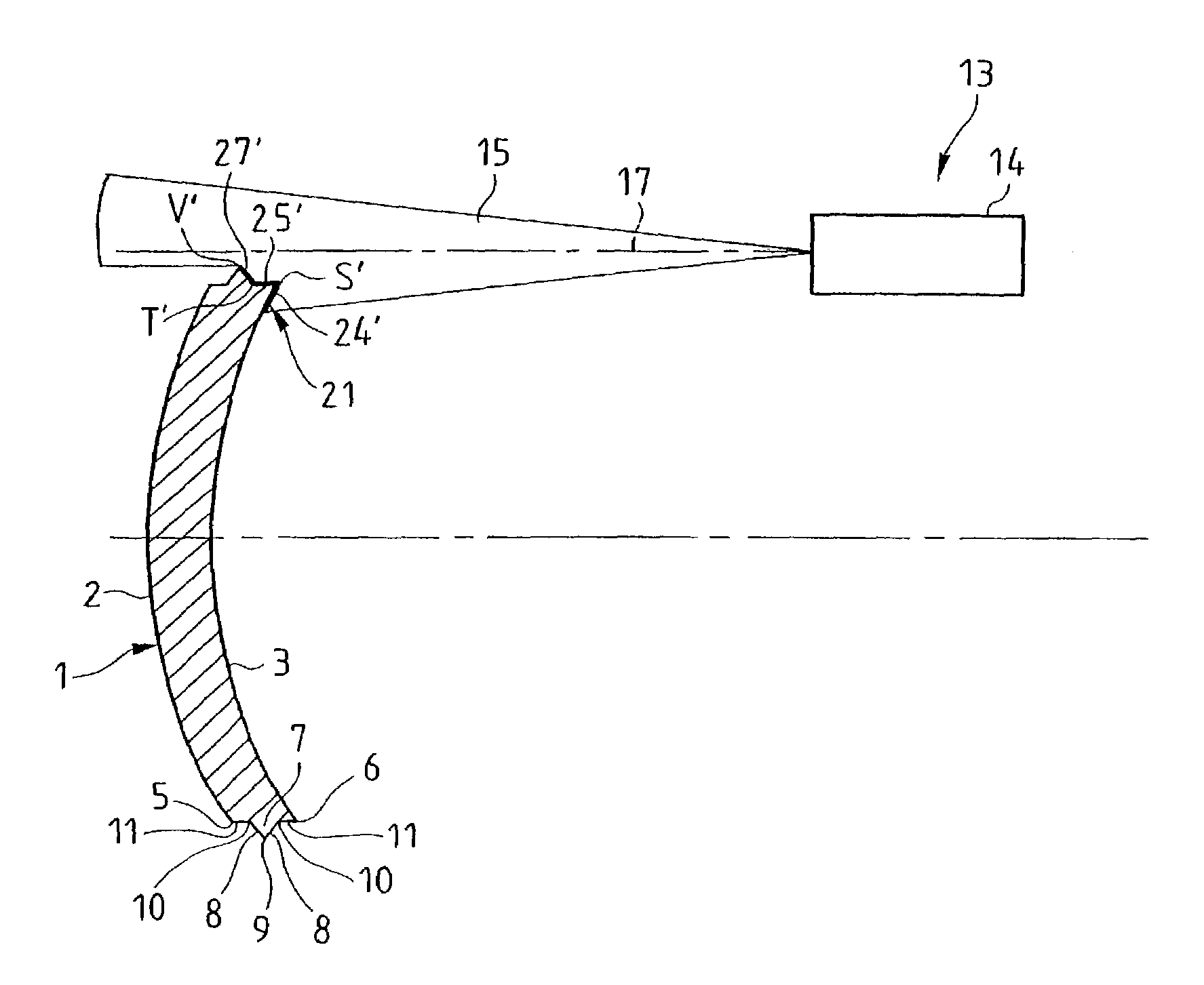 Process for plotting the shape of a contour of a previously machined ophthalmic lens