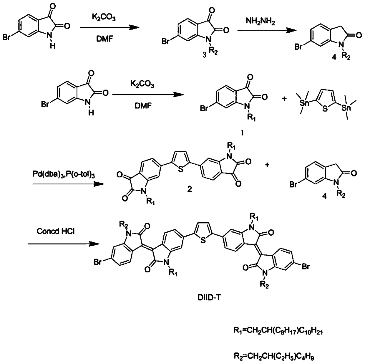 Preparation and application of diisoindigo monomer and its benzodithiophene bistin copolymer