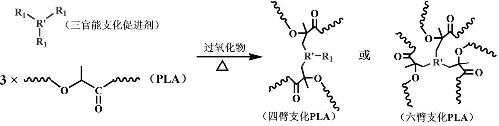 Long-chain branched polylactic acid with high melt strength and excellent processing fluidity and preparation method thereof