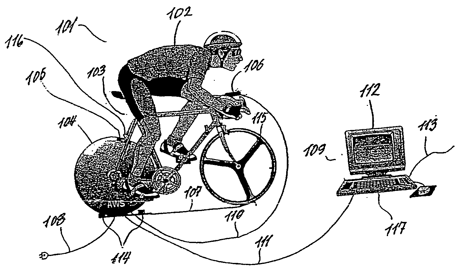 Apparatus for training on a bicycle connected to the apparatus