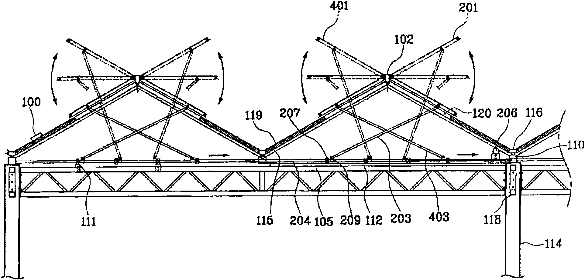 Equipment for opening and closing ventilating windows of greenhouse roof in two directions